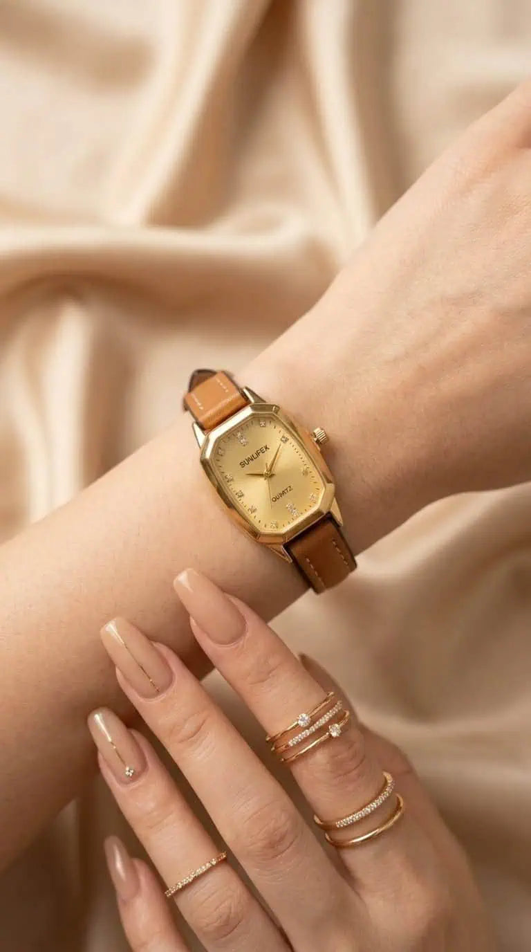 Sunlifex Rectangular Gold Women Strap Watch