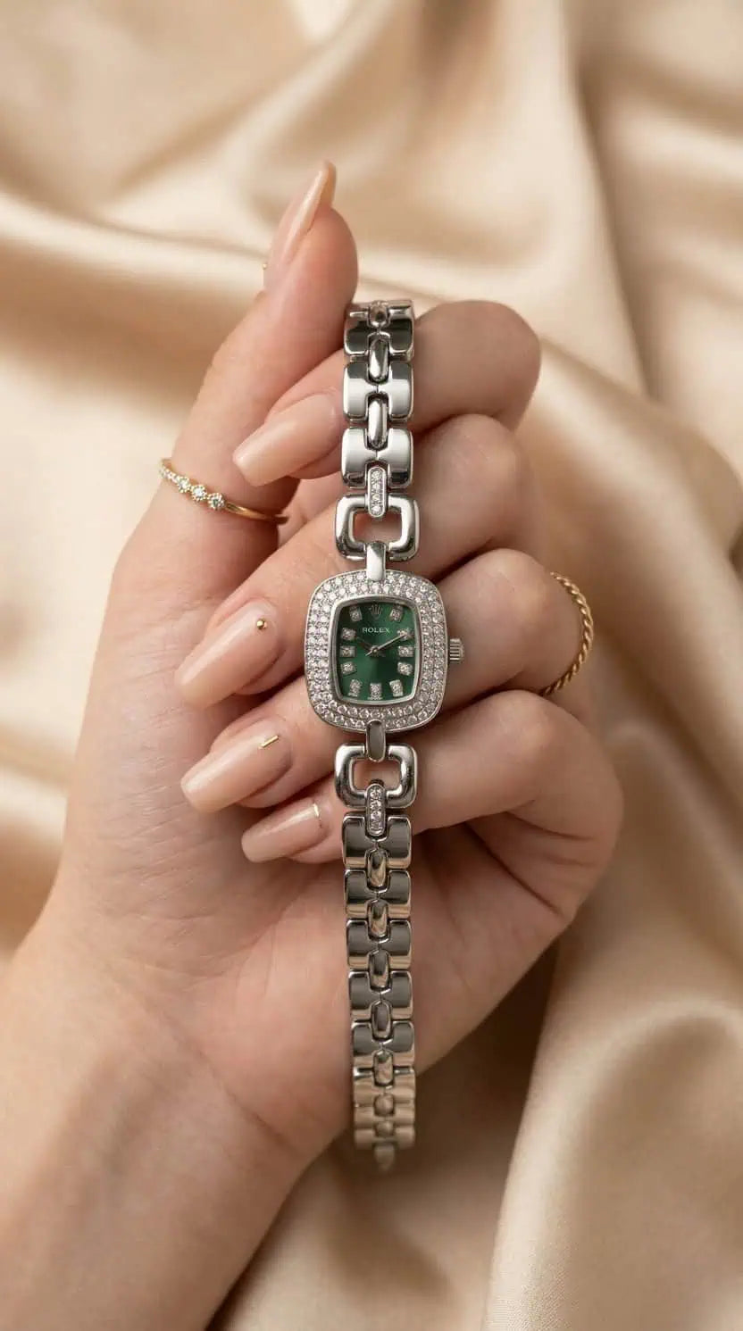 Rol-ex Opulence Silver Women Watch - Green Dial