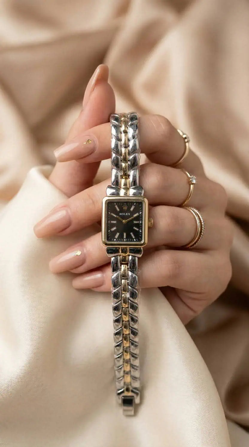 Rol-ex Gilded Square Two Tone Women Watch - Black Dial